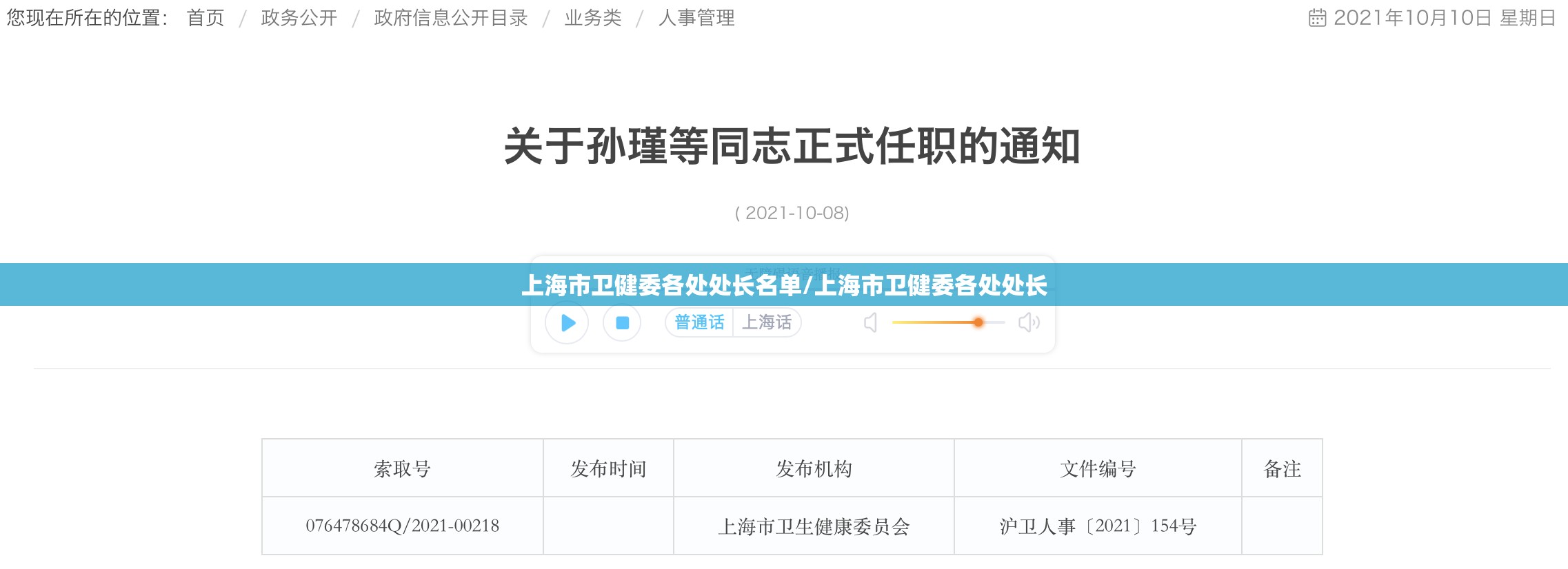 上海市卫健委各处处长名单/上海市卫健委各处处长
